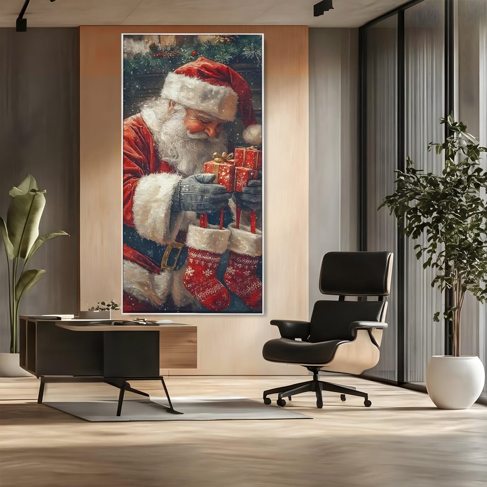 Tablou canvas cu ilustratie cu mos craciun tinand cadouri, in rama de aluminiu argintiu, pe perete intr-un birou